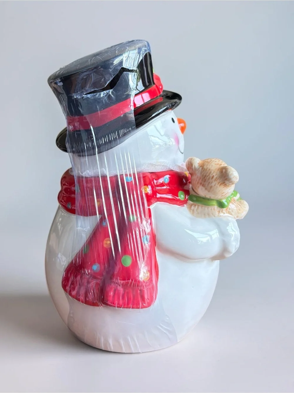 New Sleigh Bell Bistro Snowman Cookie Jar Teddy Bear Christmas Ceramic Holiday